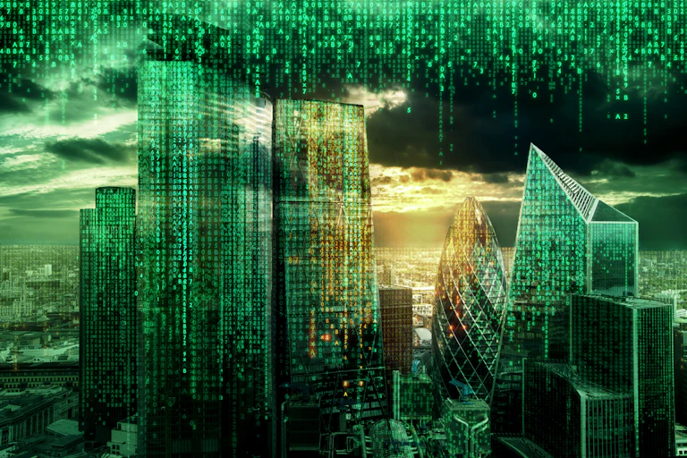 Rascacielos representados con lenguaje informático al estilo de la película "Matrix"