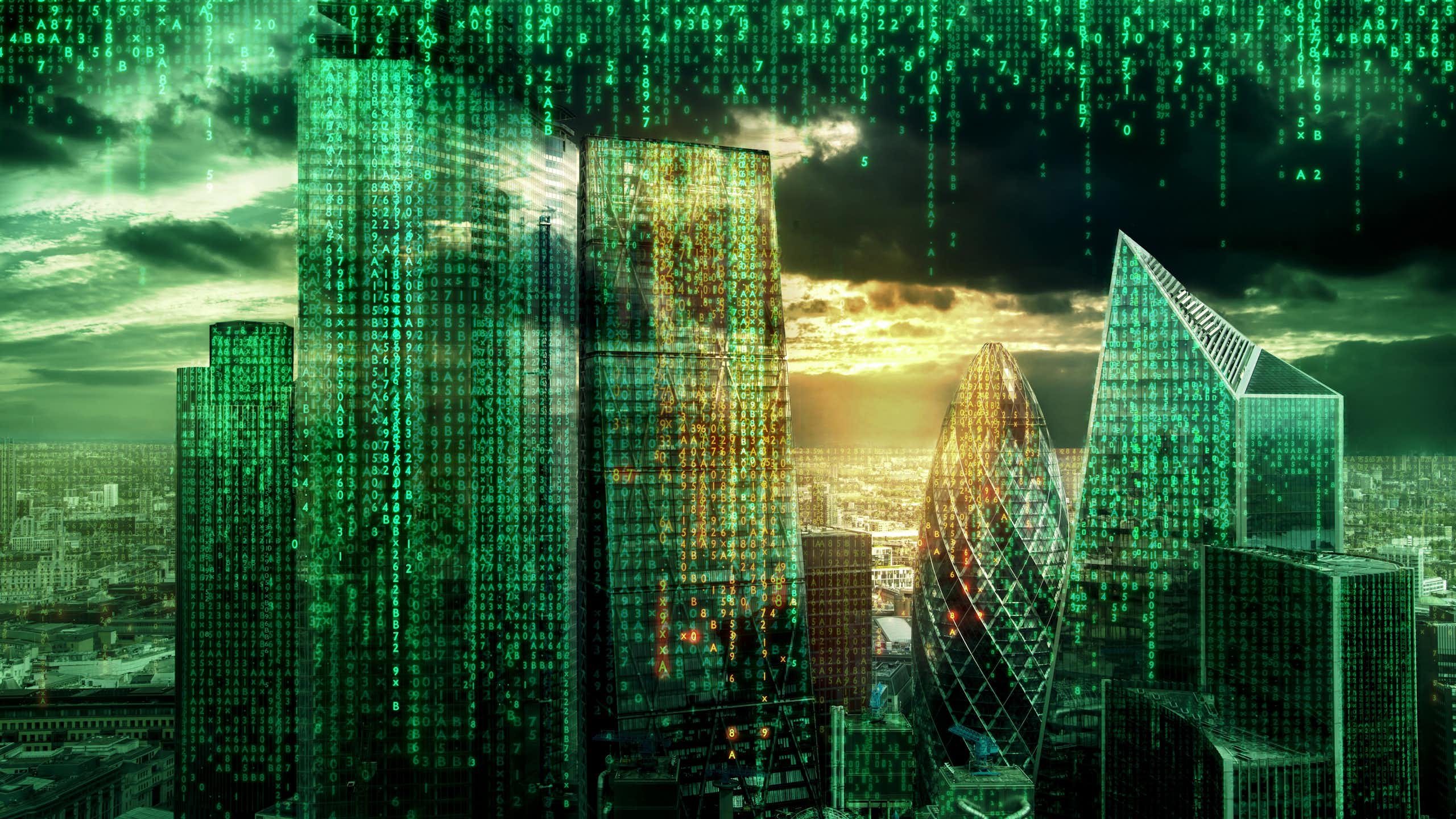 Rascacielos representados con lenguaje informático al estilo de la película "Matrix"