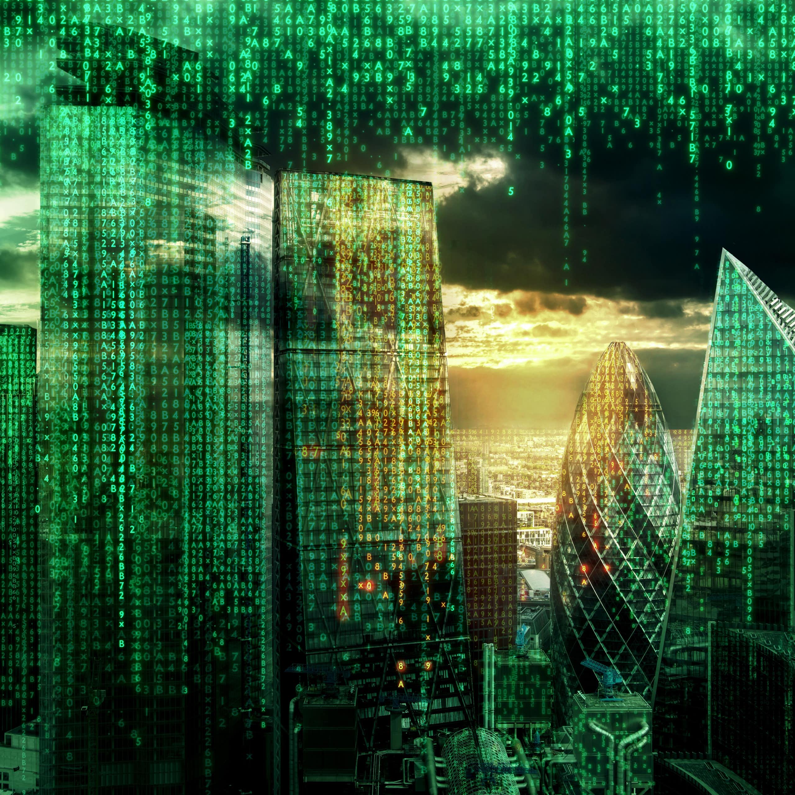 Rascacielos representados con lenguaje informático al estilo de la película "Matrix"