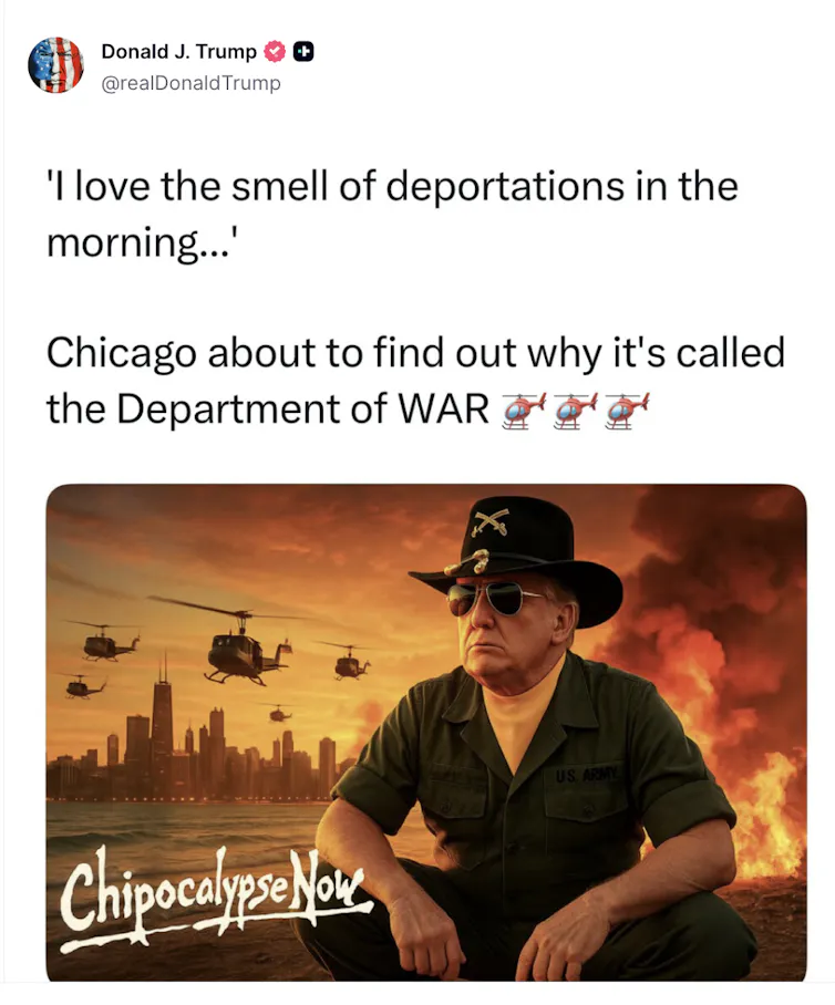 A social media post with President Trump dressed as a character from Apocalypse Now.