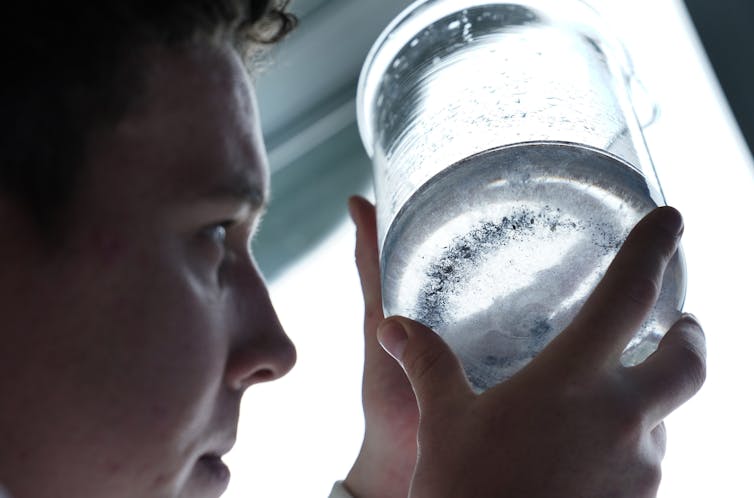 A man looks at a jar in the light. Tiny black filaments are visible at the bottom.