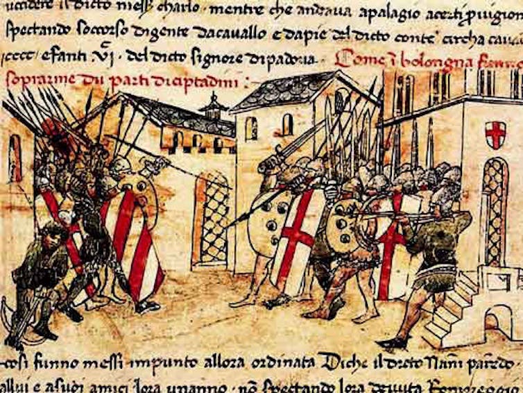 a medieval era painting of two sets of men facing each other on a city street brandishing swords and pointing guns at each other.