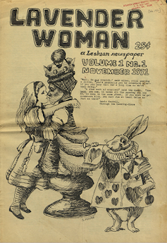 Cover image of a magazine titled 'Lavender woman' with an image of Alice from Alice in Wonderland kissing a chess piece with the head of a woman