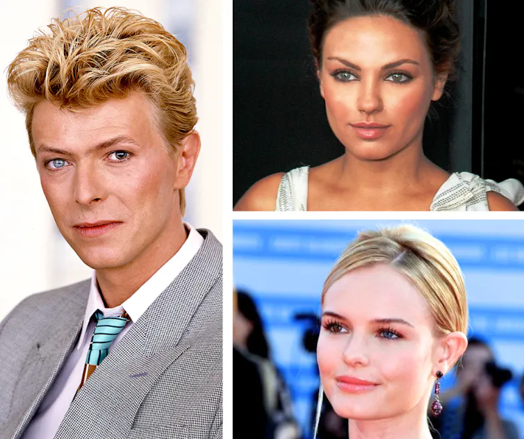 A collage of three people, each with different coloured eyes.