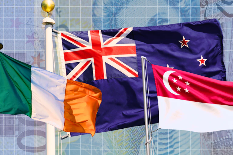 Composite image of the flags of Ireland, New Zealand and Singapore
