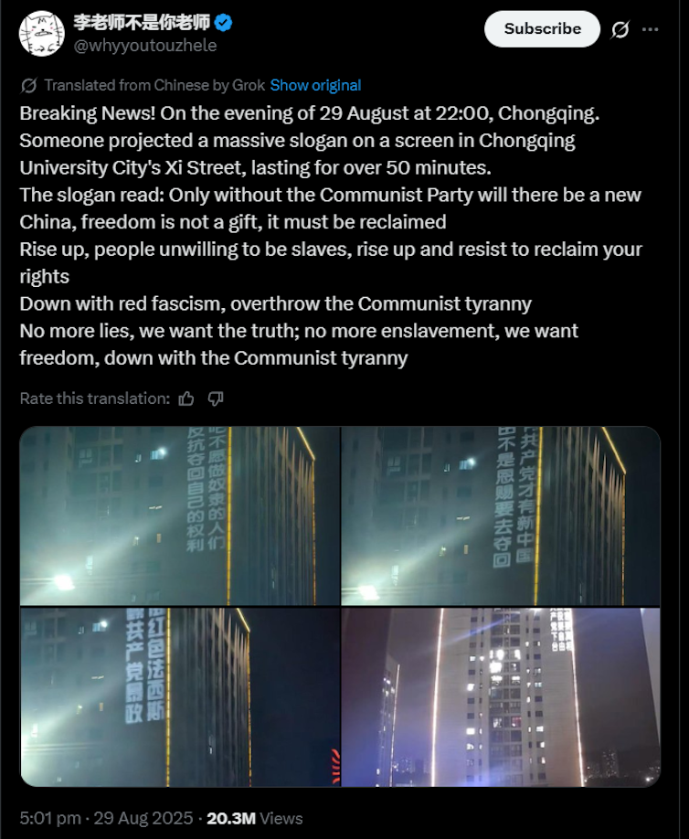 Translated X post with pictures of slgans projected on the walls of buildings.