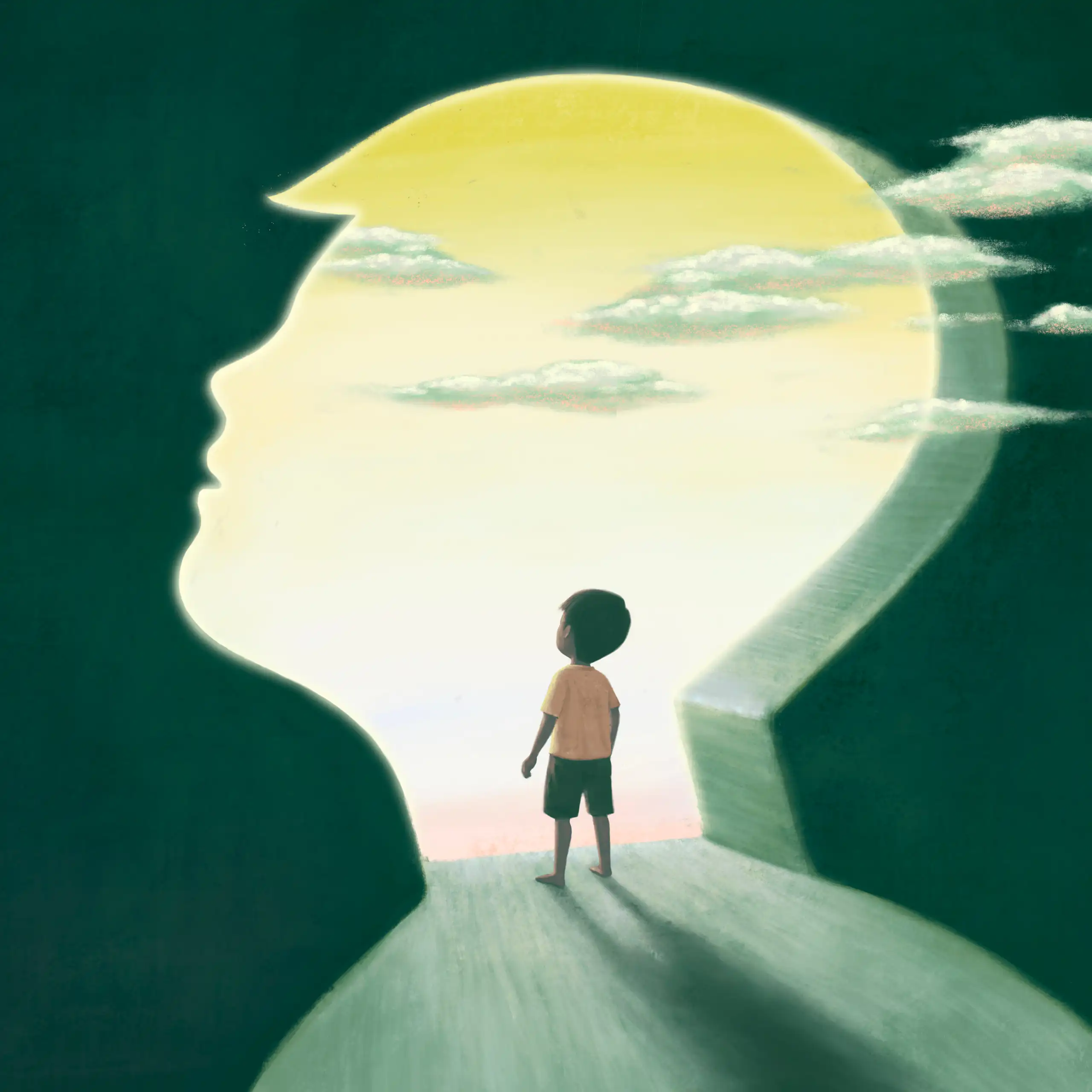 Concept art of boy walking though a face-shaped door
