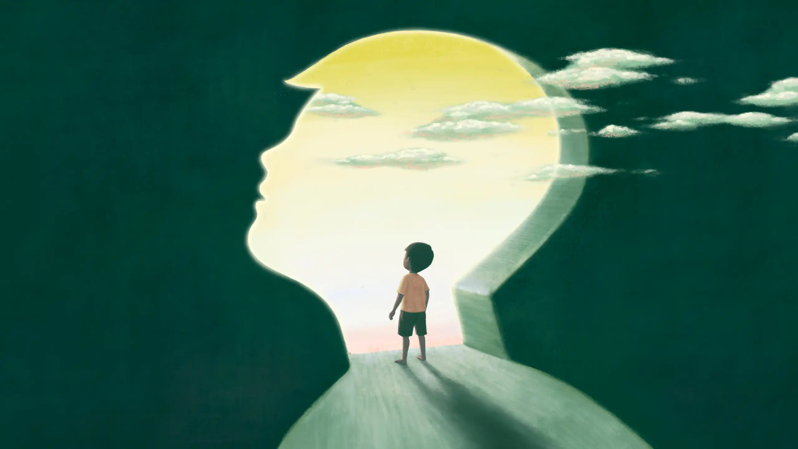 Concept art of boy walking though a face-shaped door