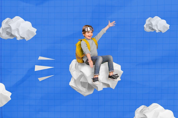 Concept art of boy riding a paper cloud