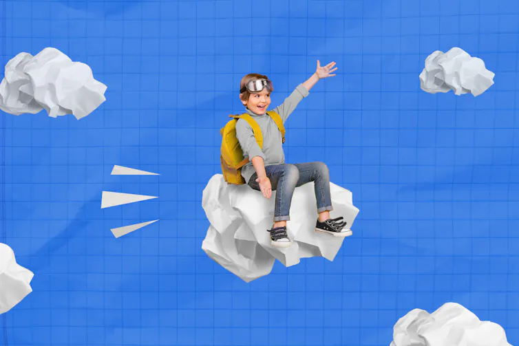 Concept art of boy riding a paper cloud