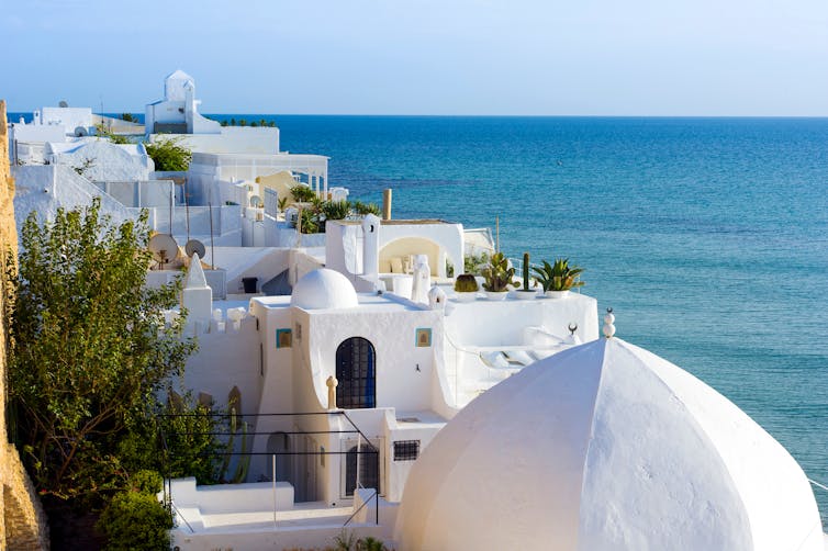 Seaside scene with white buildings