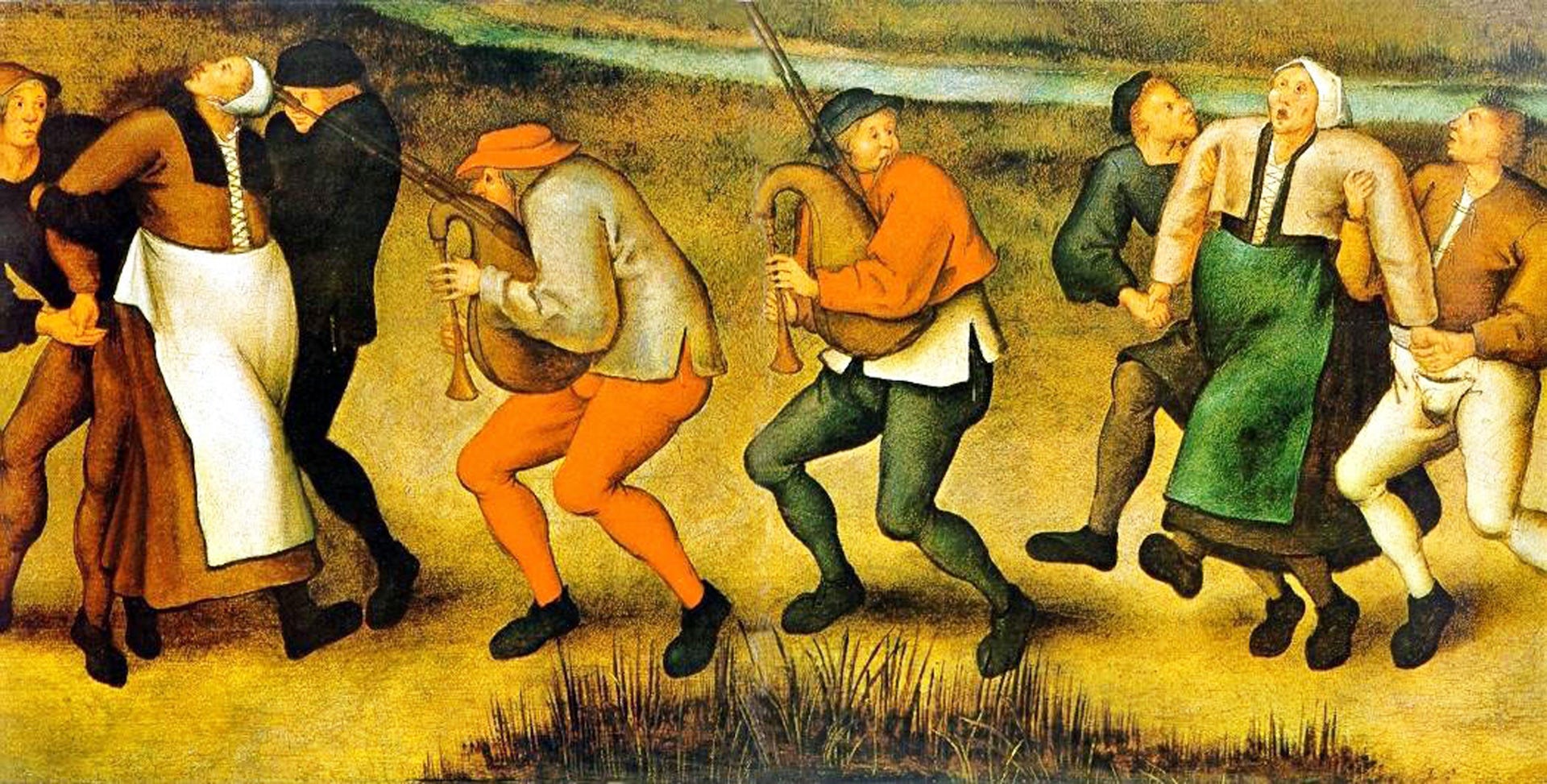 A painting by Pieter Brueghel the Younger showing dancing plague.