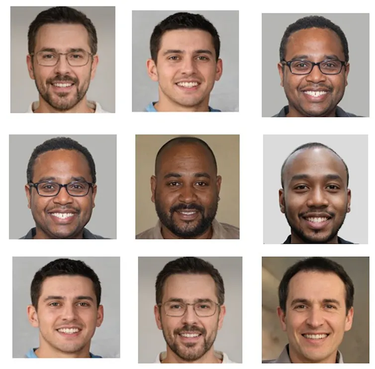 Une série de 9 photos de jeunes hommes blancs et noirs, souriants, de type photo de CV