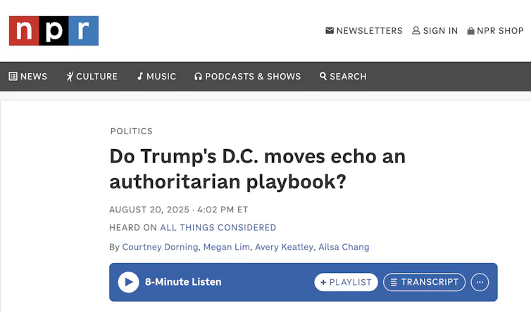 A screenshot of a headline that reads 'Do Trump's D.C. moves echo an authoritarian playbook?'