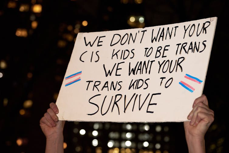 A protest sign saying, We don't want your cis kids to be trans, we want your trans kids to survive