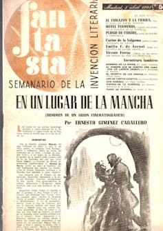 Portada de una revista de 1945 en donde se lee En un lugar de la Mancha: resumen de un guion cinematográfico, por Ernesto Giménez Caballero.
