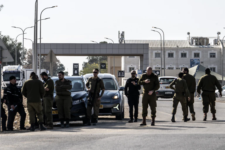 Israeli military personnel outside the secretive Sde Teiman detention centre