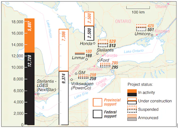A map showing proposed EV manufacturing facilities and their costs.