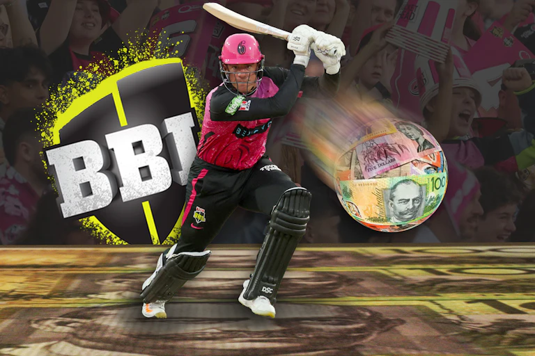 A Big Bash cricket player is seen hitting a ball, with a background featuring Australian monetary notes and sports fans.