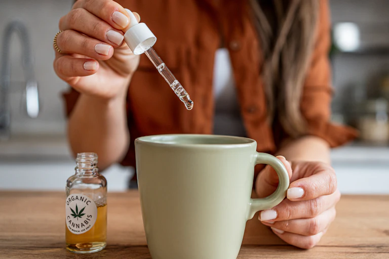 Young woman dropping cannabis oil into mug on kitchen table or counter.