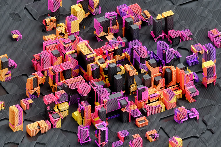 An artificial miniature cityscape featuring bright purple, yellow and orange buildings.