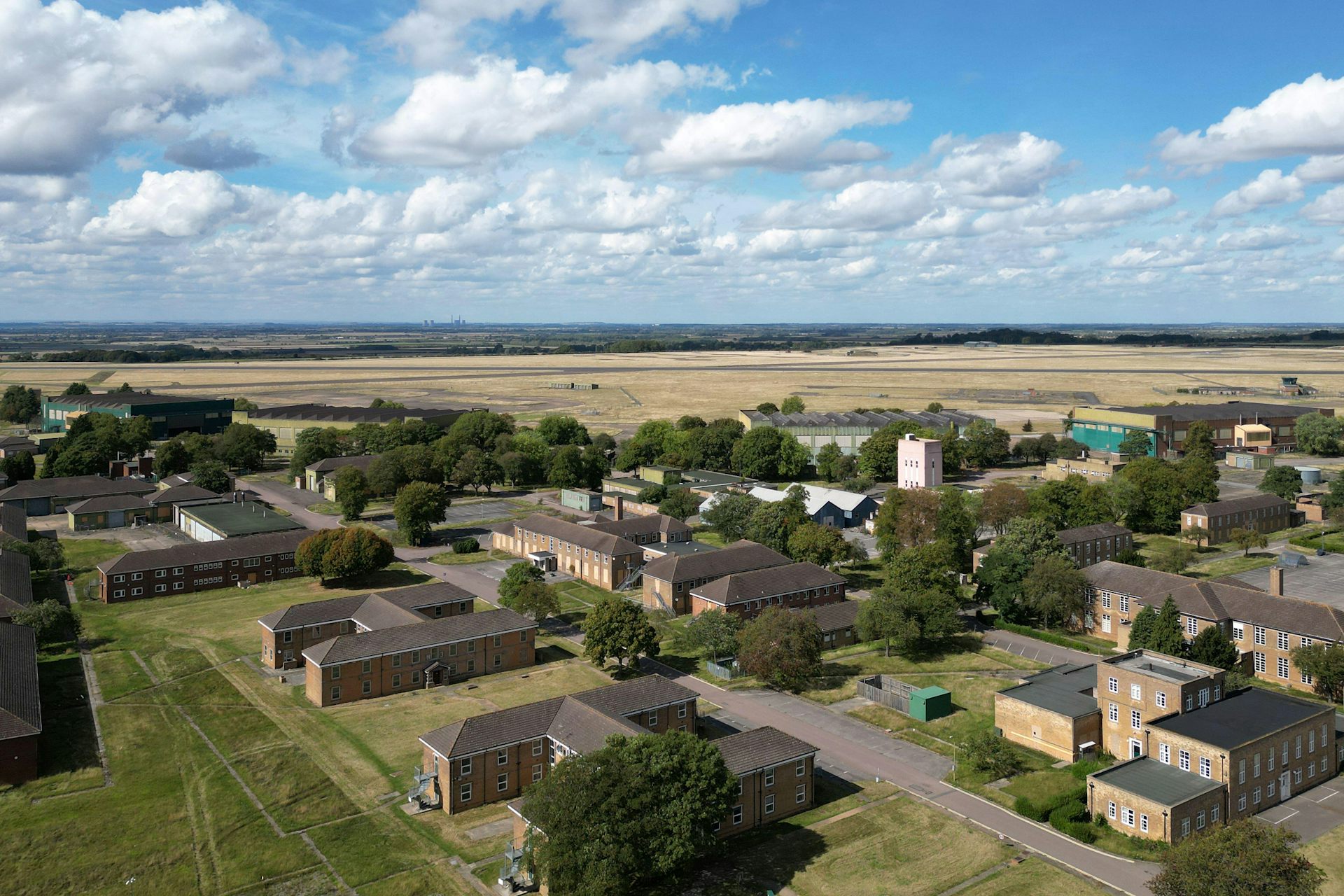 An aerial view of a military barracks.