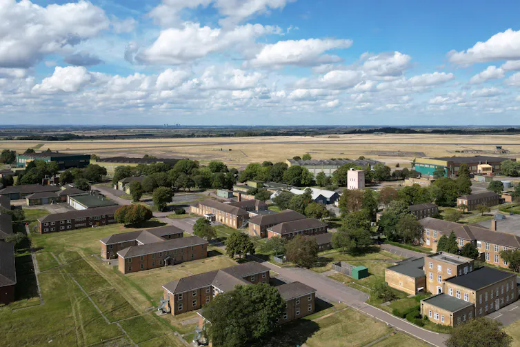 An aerial view of a military barracks.