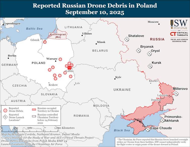 ISW map showing where the debris from Russia's drones was found in Poland.