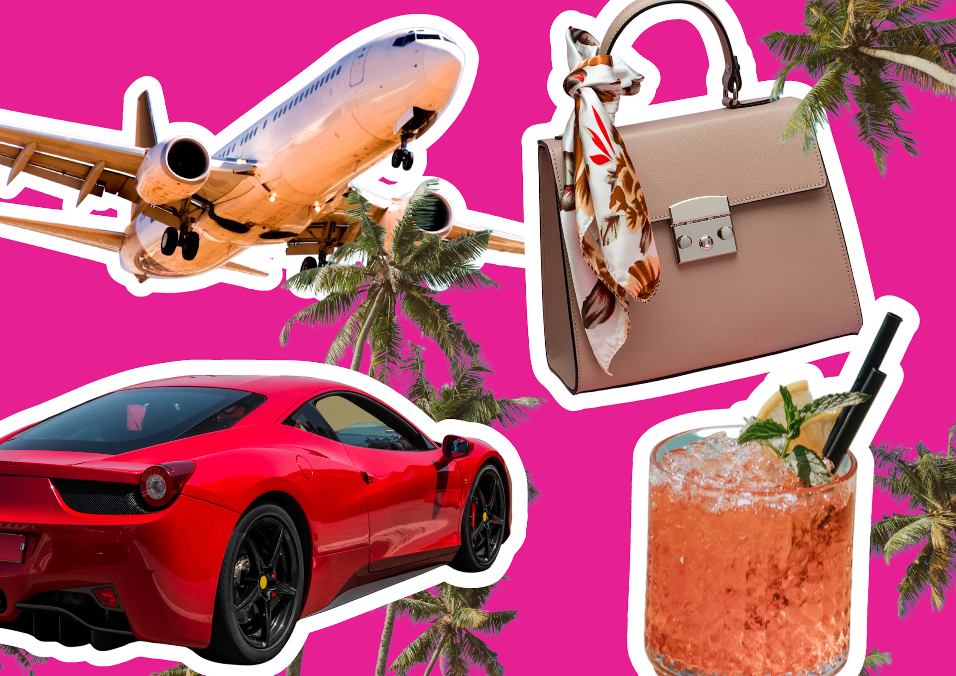 A composite image of a sports car, plane, expensive bag and a cocktail on a pink background.