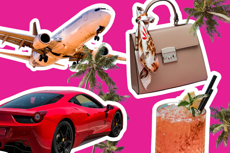 A composite image of a sports car, plane, expensive bag and a cocktail on a pink background.