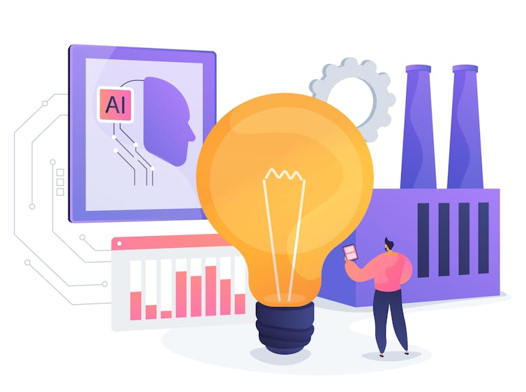 Illustration with AI, a lightbulb, a graph and a power station