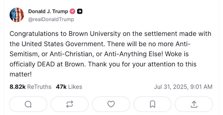 A social media post from President Trump about Brown University ending programs the administration doesn't approve of.