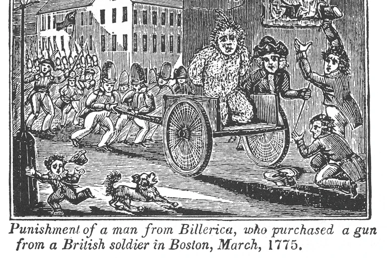 A frightened-looking tarred and feathered man on a cart being pushed through a city.