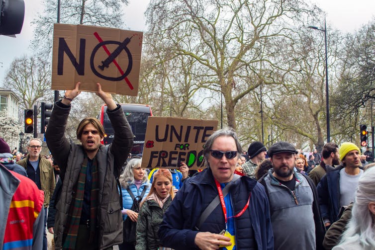 Anti-vaxx protestors in London, England.