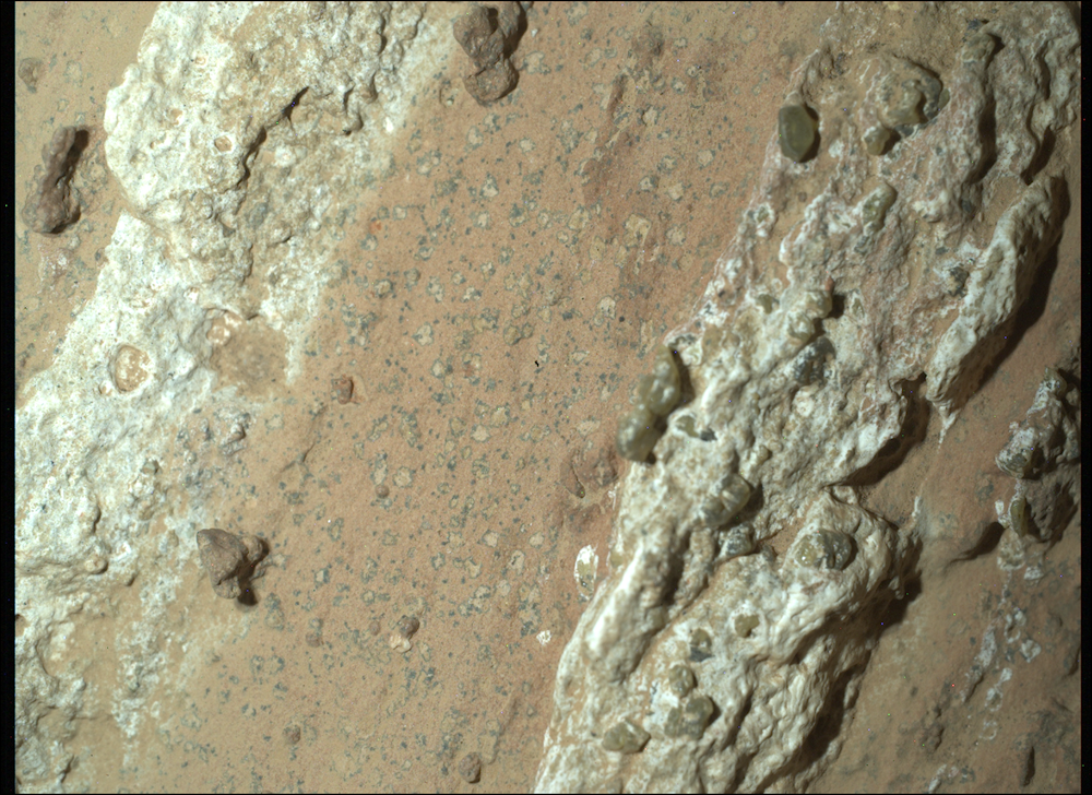Bright Angel rock surface at the Beaver Falls site on Mars shows nodules on the right and a leopard-like pattern at the center.
NASA/JPL-Caltech/MSSS