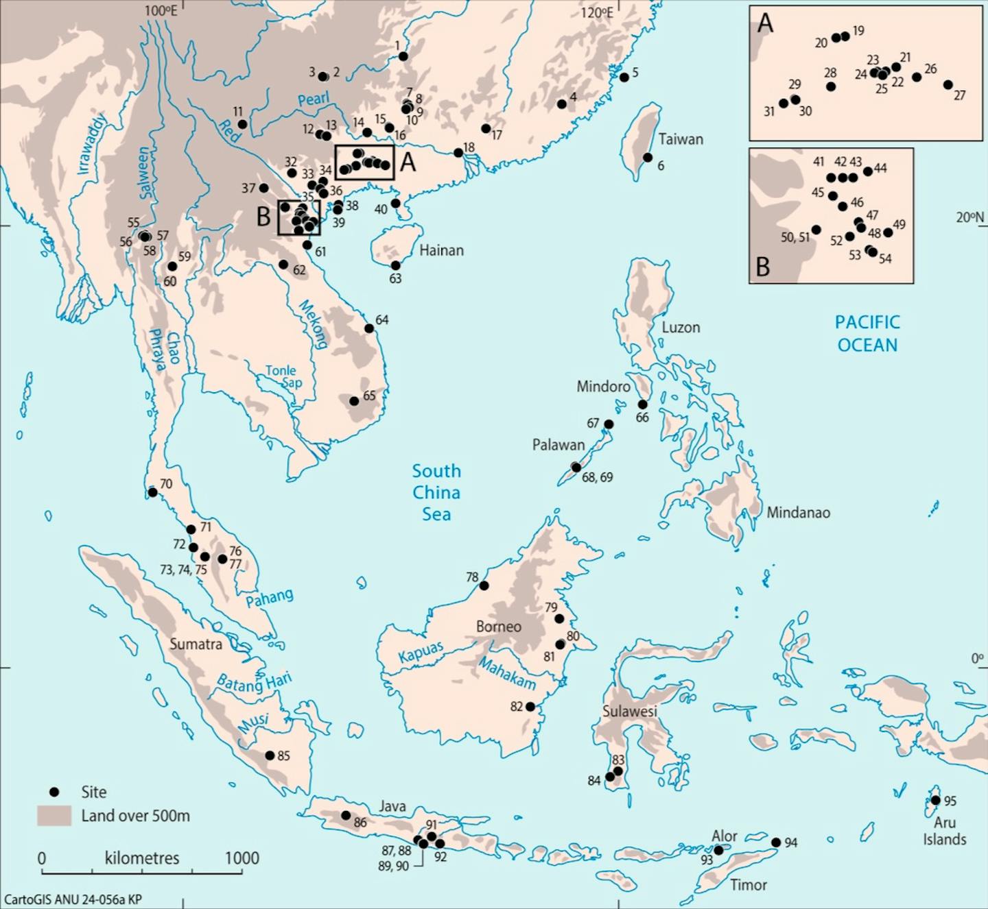 Map of southern China and southeast Asia with 95 locations marked.
