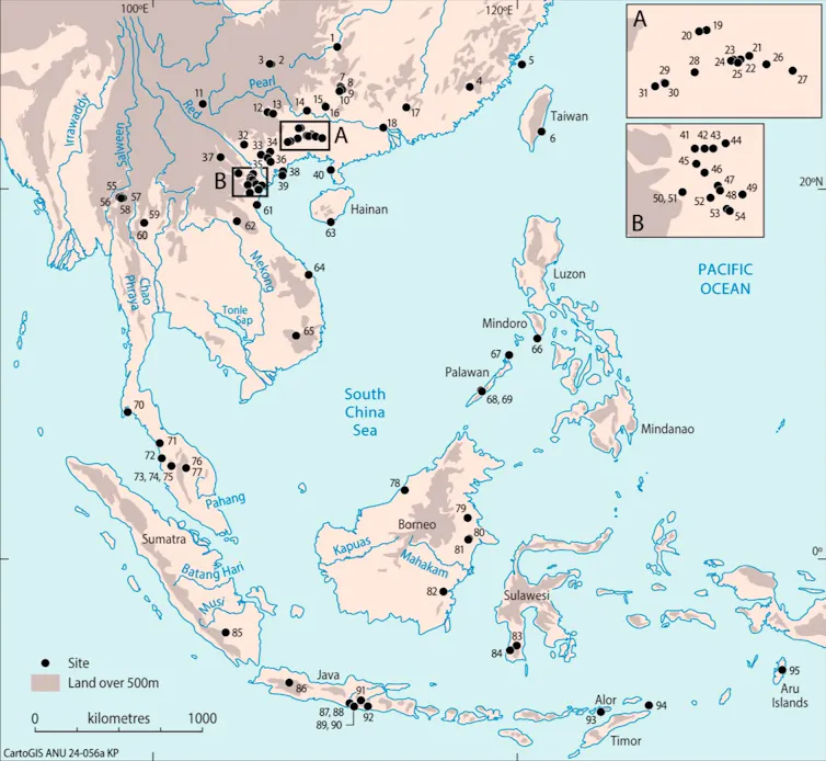 Map of southern China and southeast Asia with 95 locations marked.