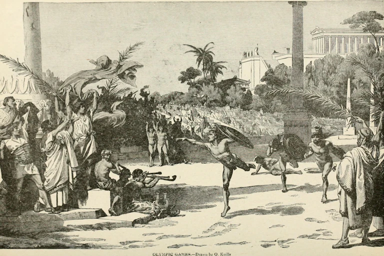 An artistic depiction of the sprint in armour at the ancient Greek games.