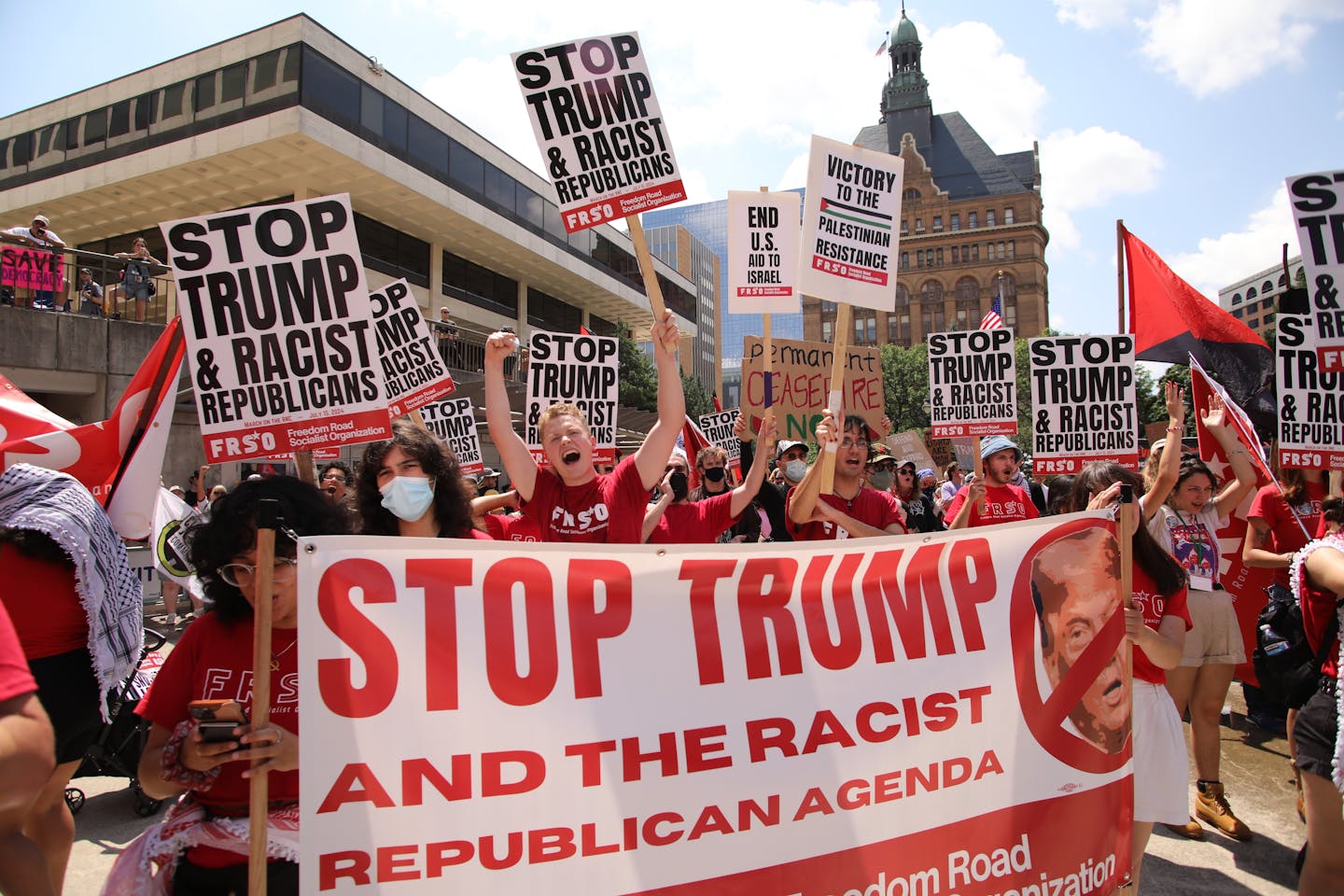 Milwaukee, WI., USA - July 15, 2024: Demonstrators with the Coalition to March on the RNC protest the nomination of Donald Trump for president on the first day of the Republican National Convention