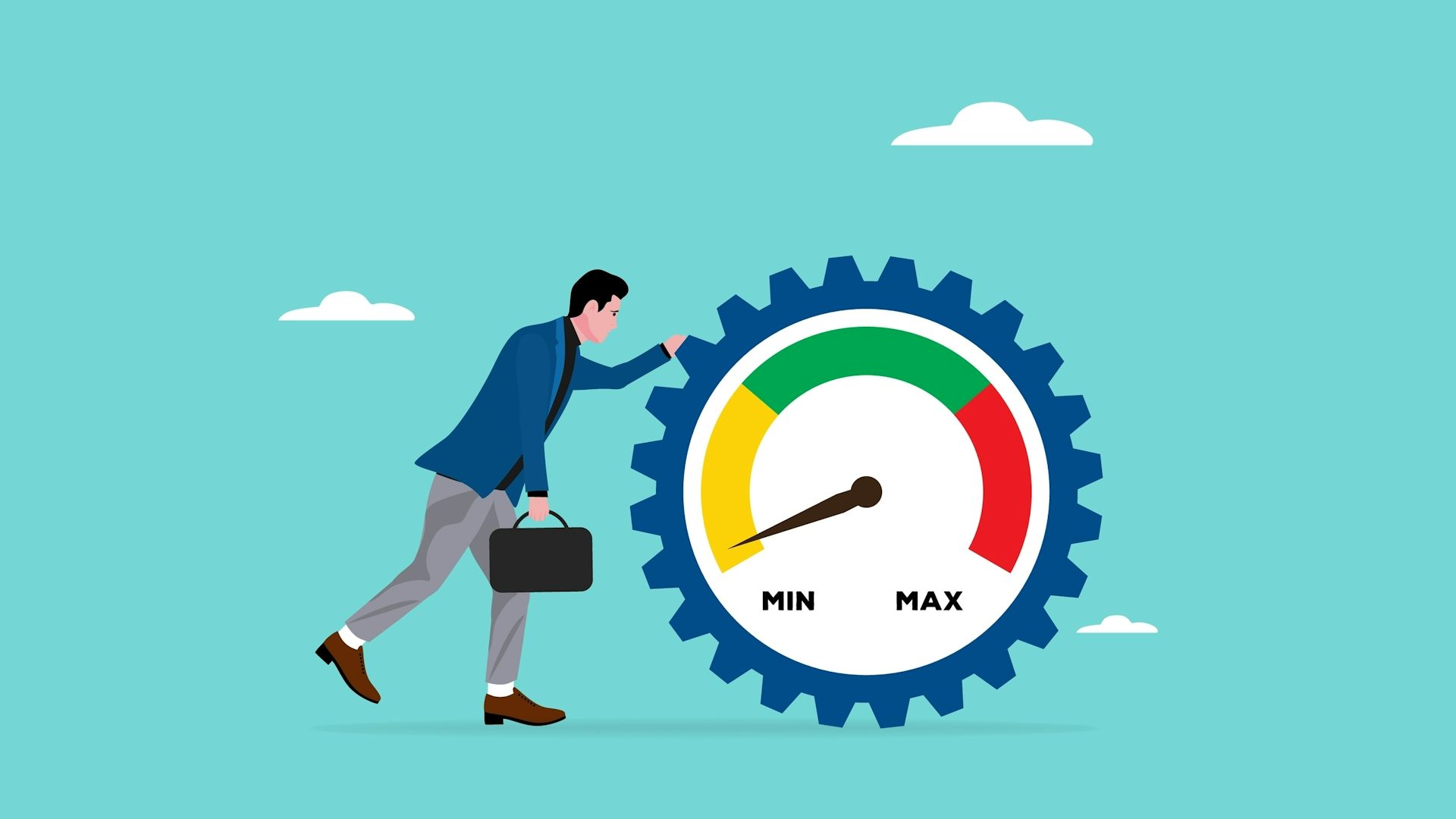 Ilustración de un trabajador que pone la mano sobre un engranaje que mide su rendimiento laboral.