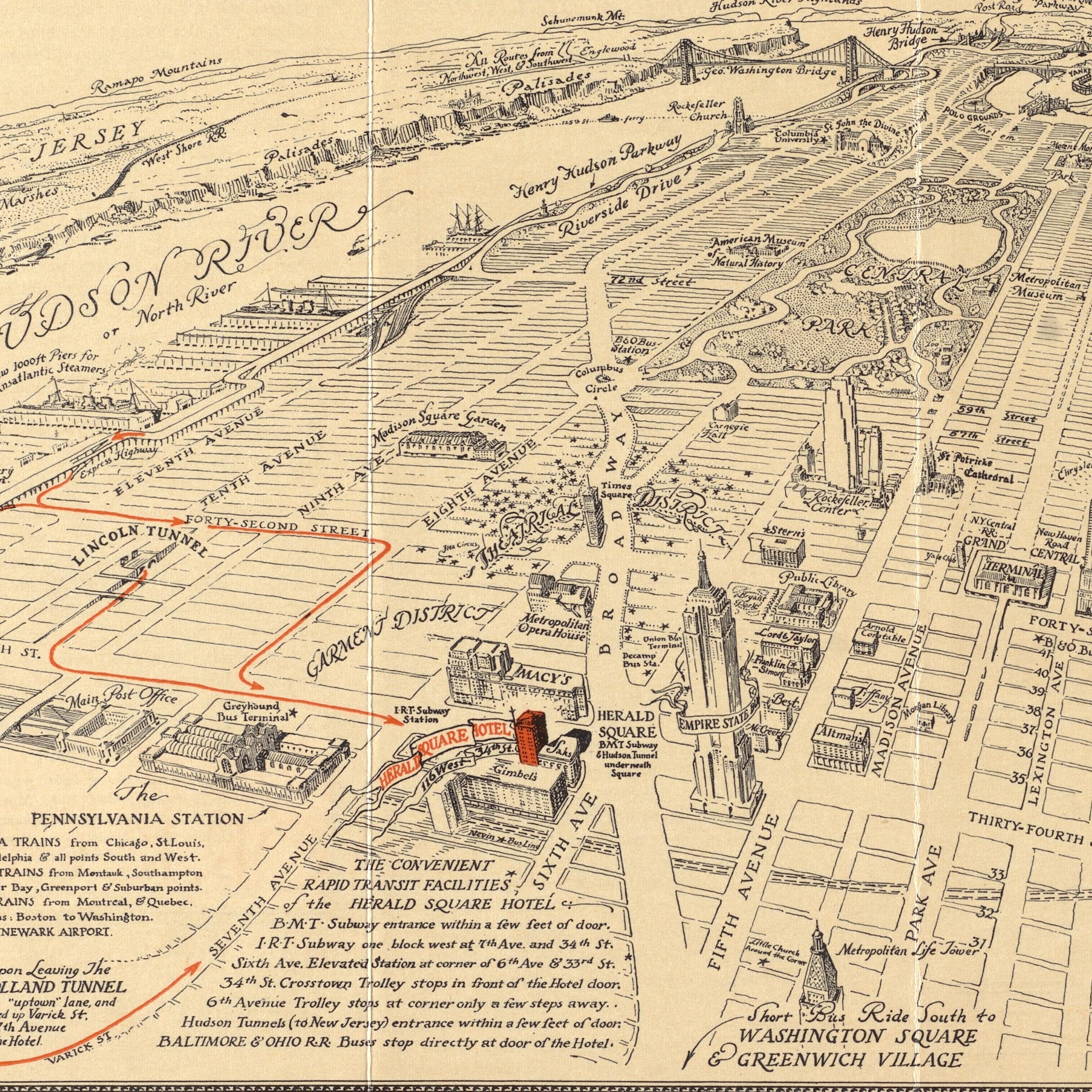 Aerial map of New York City with certain landmarks marked out.