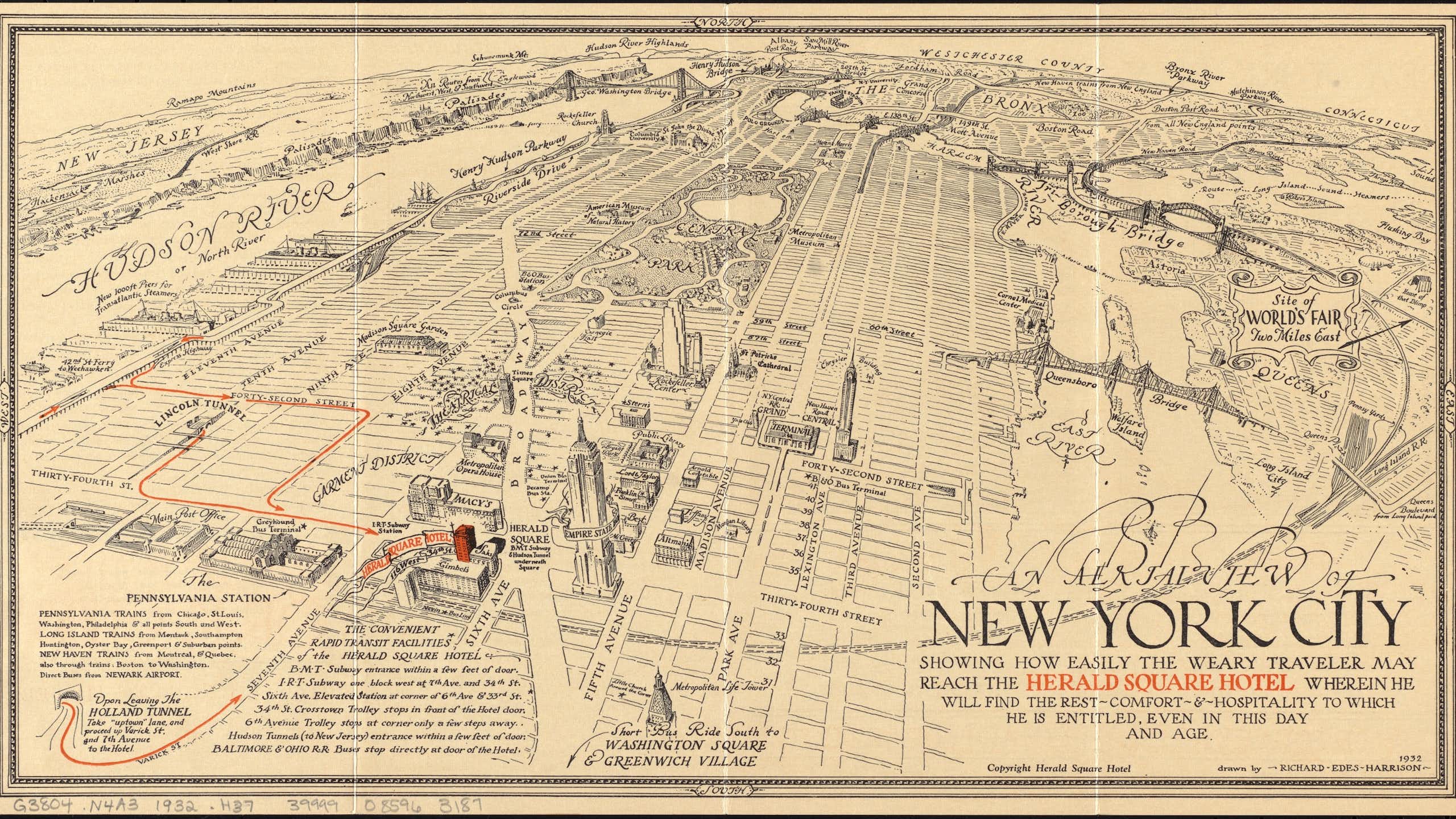 Aerial map of New York City with certain landmarks marked out.