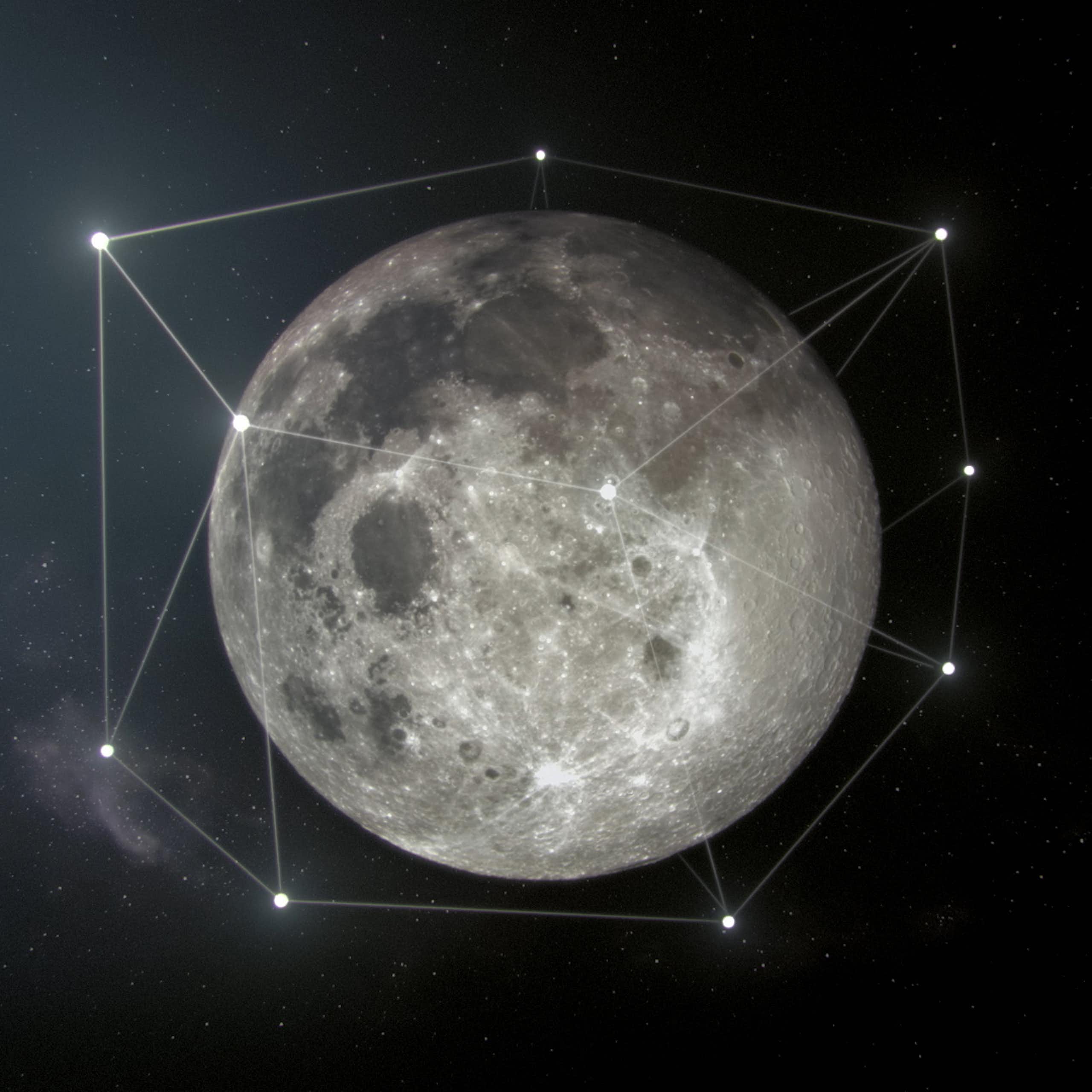 An image of the Moon with several glowing points surrounding it, connected by lines.