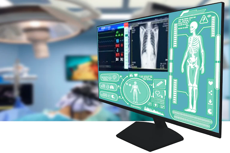 Computer monitor showing images and scans for heart surgery.