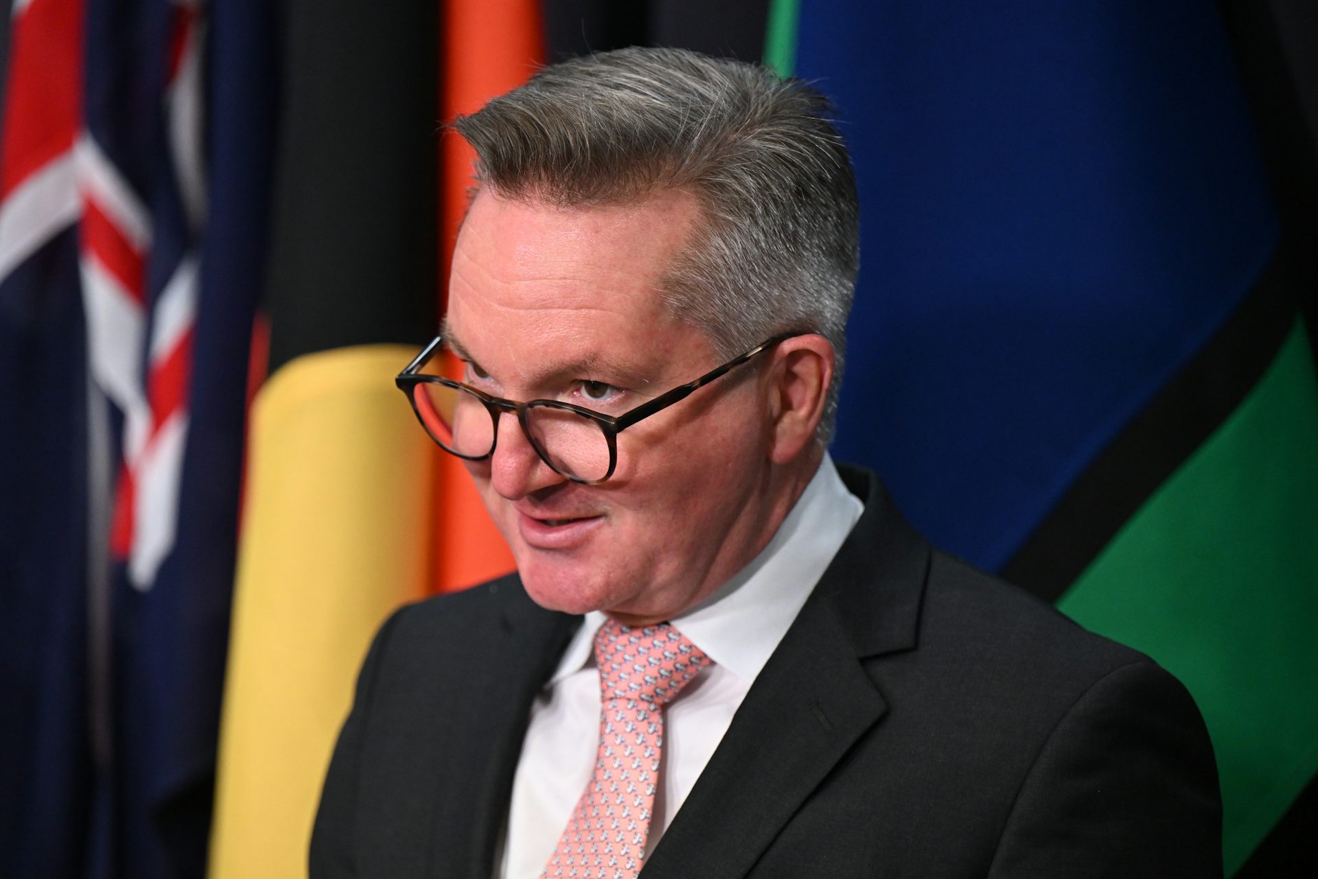 A man in a suit stands in front of flags