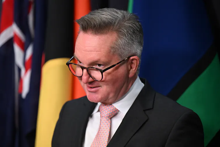 A man in a suit stands in front of flags