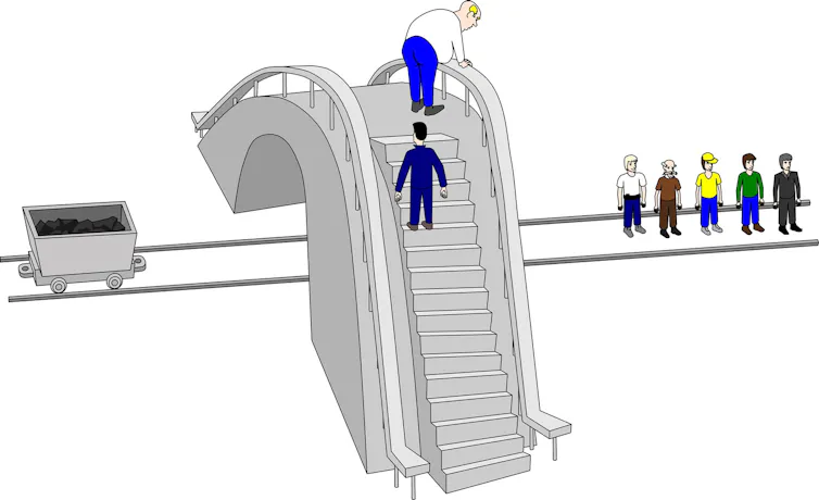 Illustration of a man standing on a bridge over a trolley and five people standing in the way.