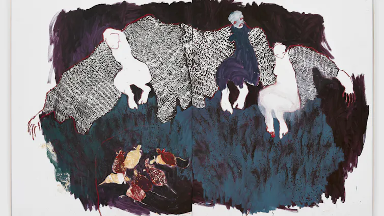 An artwork picturing three human figures with what appear to be wings.