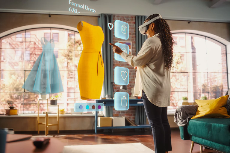 Woman wearing VR headset with digital images of items of clothing.