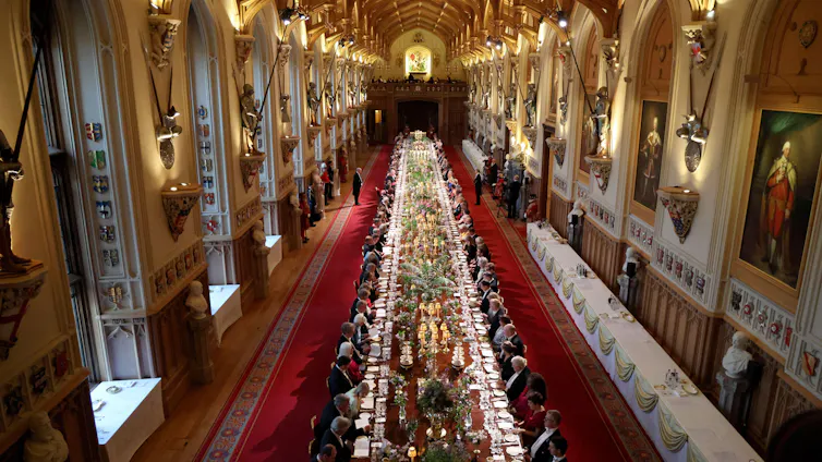 An aerial view of the banquet table at Windsor, laid for a state visit.